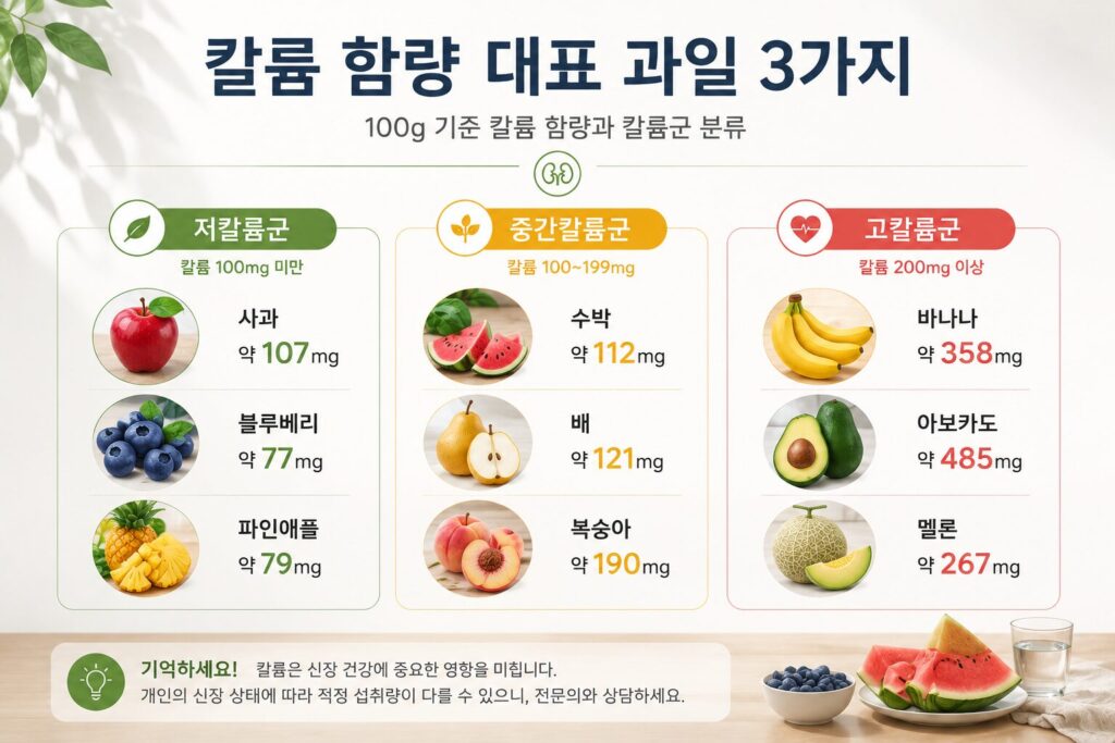 신장병 칼륨 함량에 따른 대표 과일 분류 인포그래픽, 저칼륨군·중간칼륨군·고칼륨군 비교