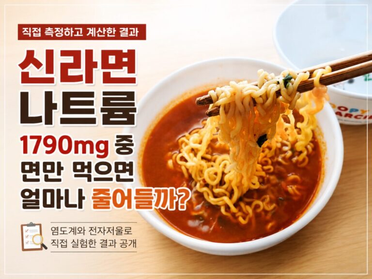 신라면 나트륨 실험, 국물을 남기고 면만 먹었을 때 나트륨을 계산하는 모습