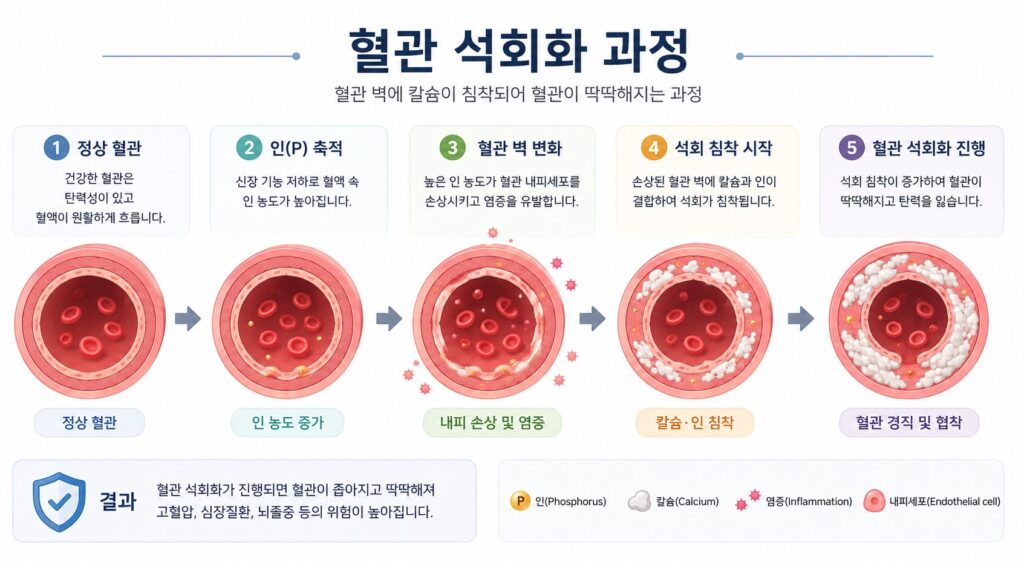 신장병 인으로 혈관 석회화가 진행되는 과정을 설명하는 의학 인포그래픽